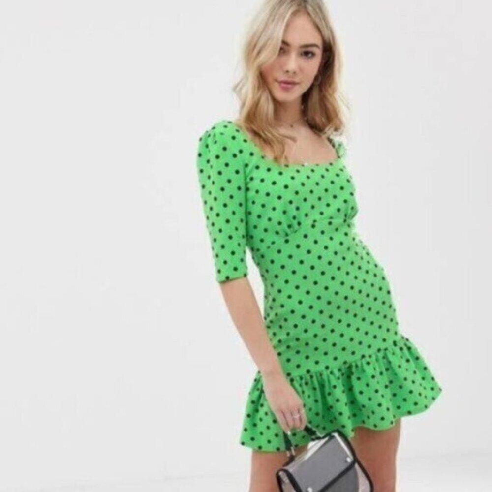 NWT ASOS | Green & Black Ruffle Polka Dot Mini Dress Size 8